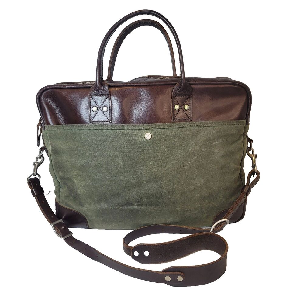 Billykirk Briefcase Bag 15"x11"" 237-OWX Waxed Canvas Olive Green Brown Leather